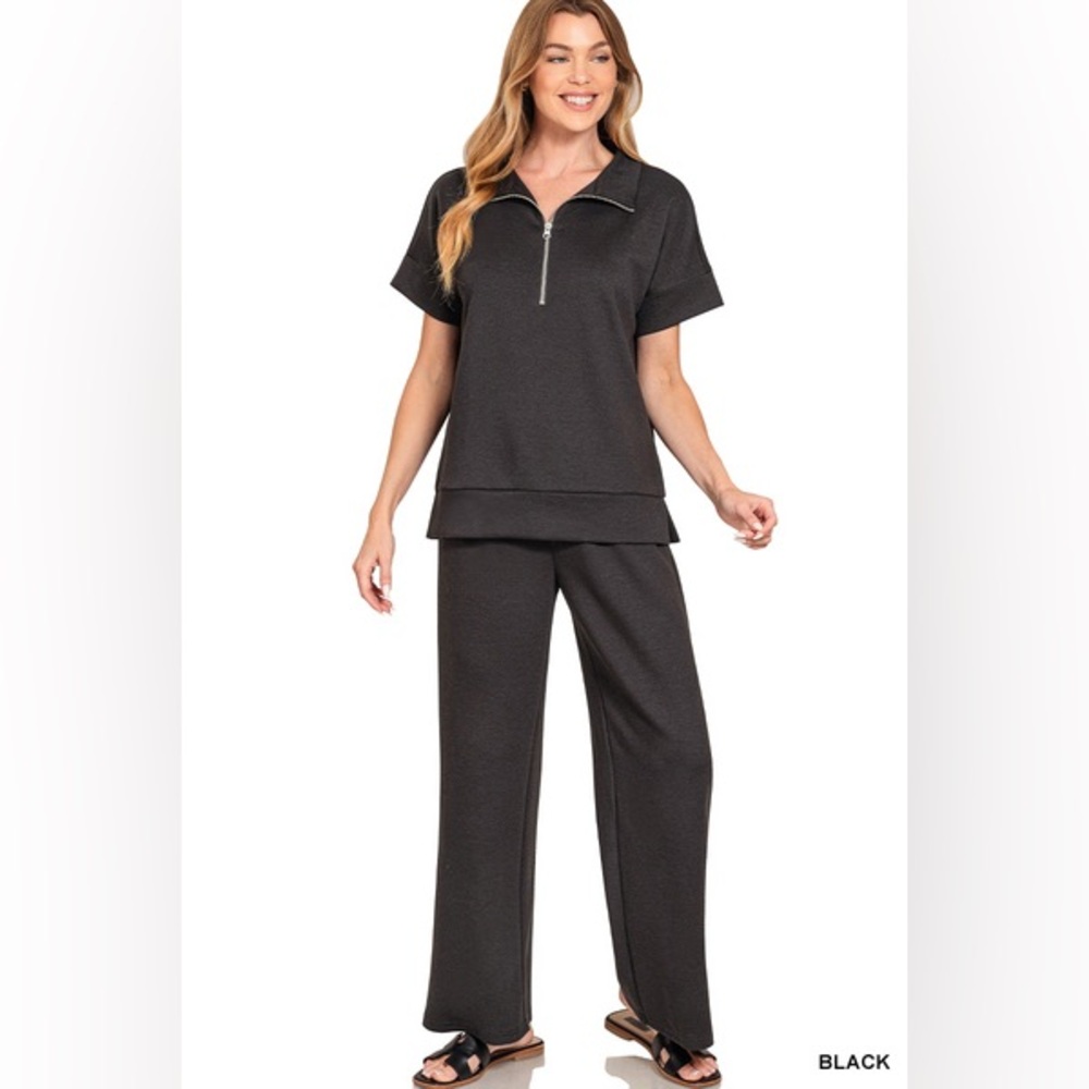Zenana SCUBA HIGH NECK HALF ZIP TOP & PANTS SET